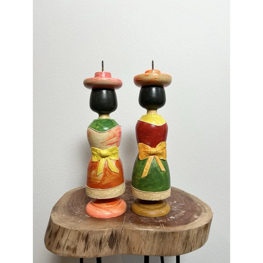 VTG Hand Painted Multicolor‎ Wooden Mexican Folk Art Dolls Candle Holders Set 2
